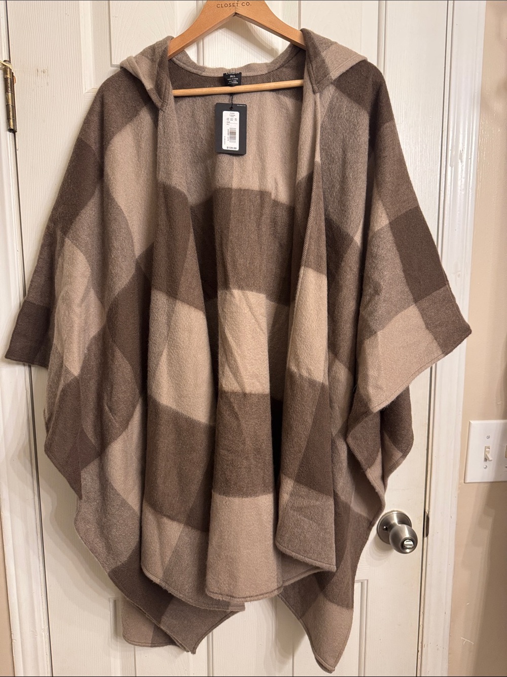 Plaid Hooded Poncho Wrap - Brown & Cream